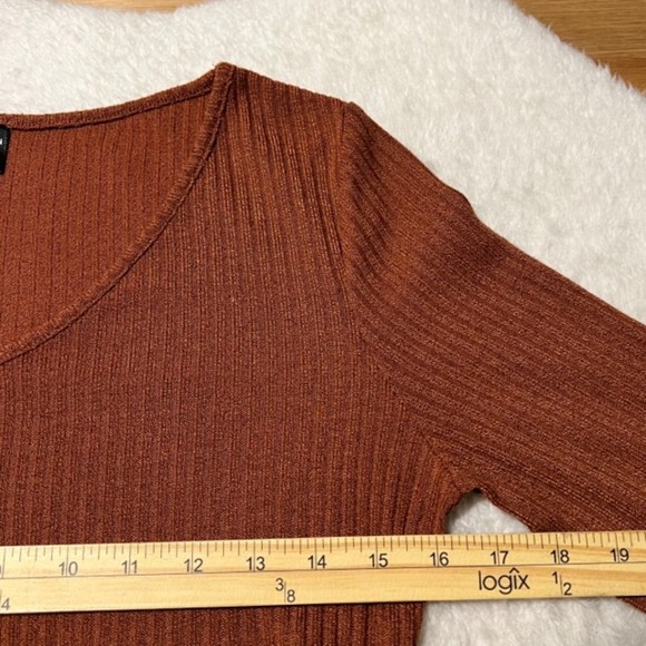 Shein Womens Brown V-Neck Knitted Ruched Bodycon Long Sleeve Dress Size Large - Picture 9 of 11